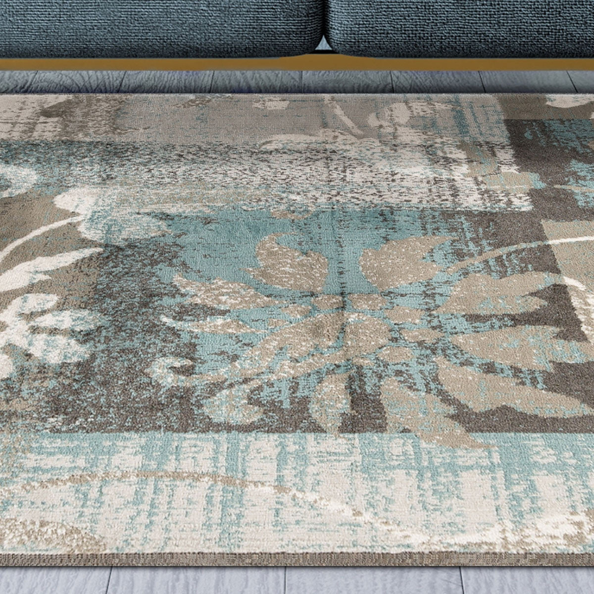 Teal Gray And Tan Floral Power Loom Distressed Stain Resistant Area Rug - 4' x 6'