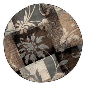 5' Round Beige And Gray Round Floral Power Loom Distressed Stain Resistant Area Rug