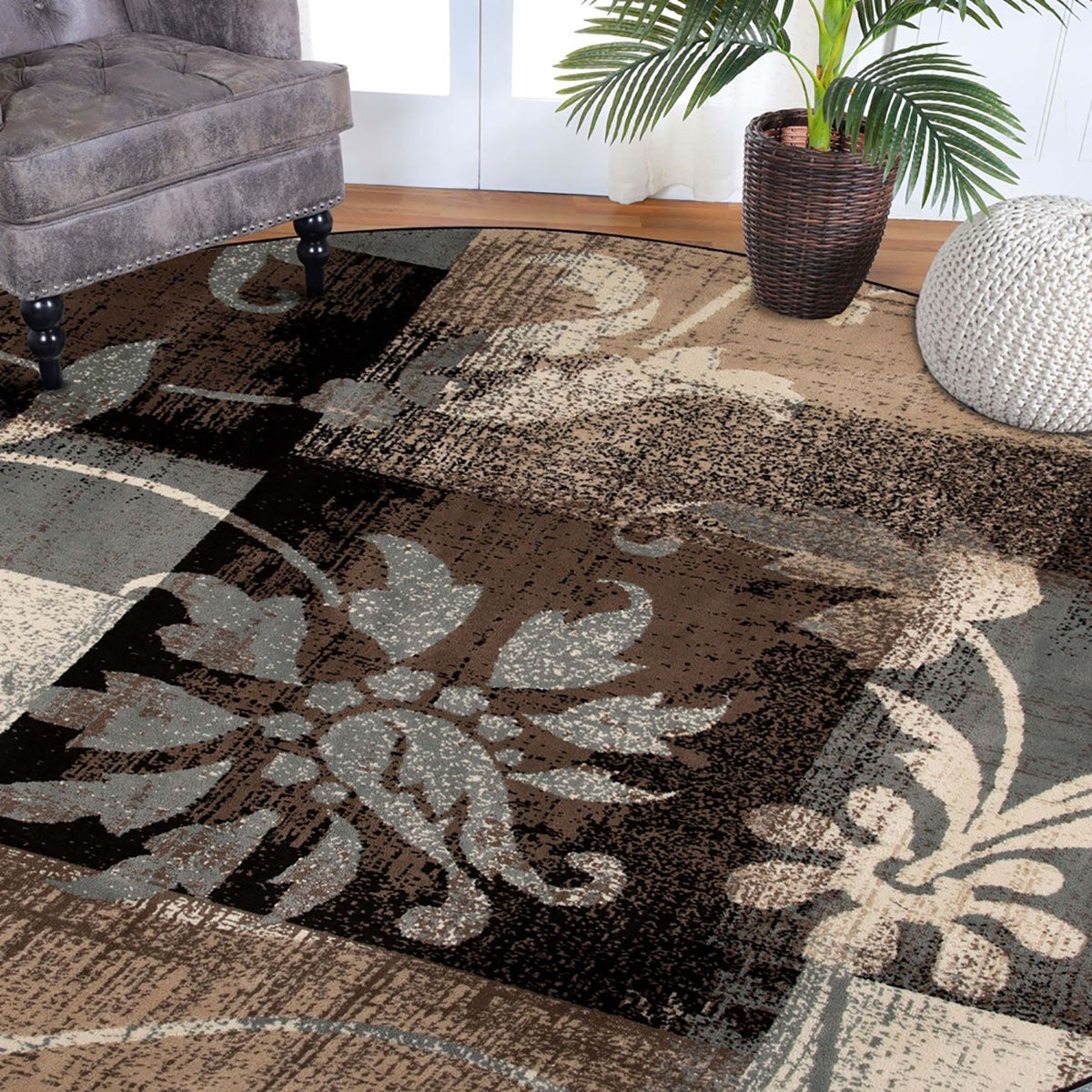 5' Round Beige And Gray Round Floral Power Loom Distressed Stain Resistant Area Rug