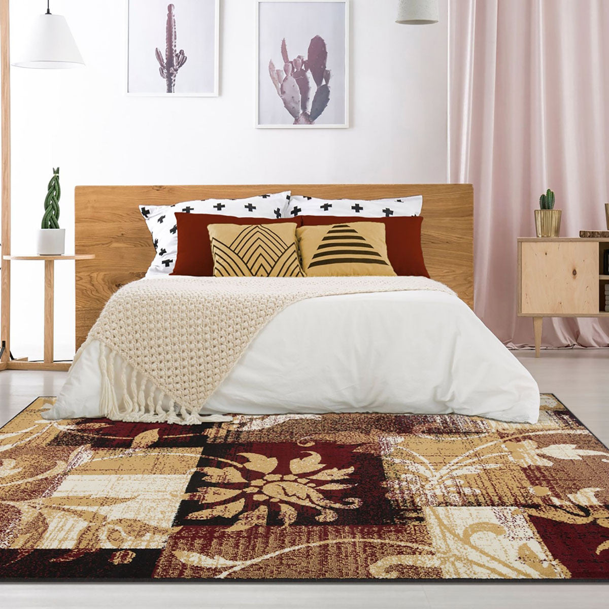 5' X 8' Burgundy And Beige Floral Power Loom Distressed Stain Resistant Area Rug