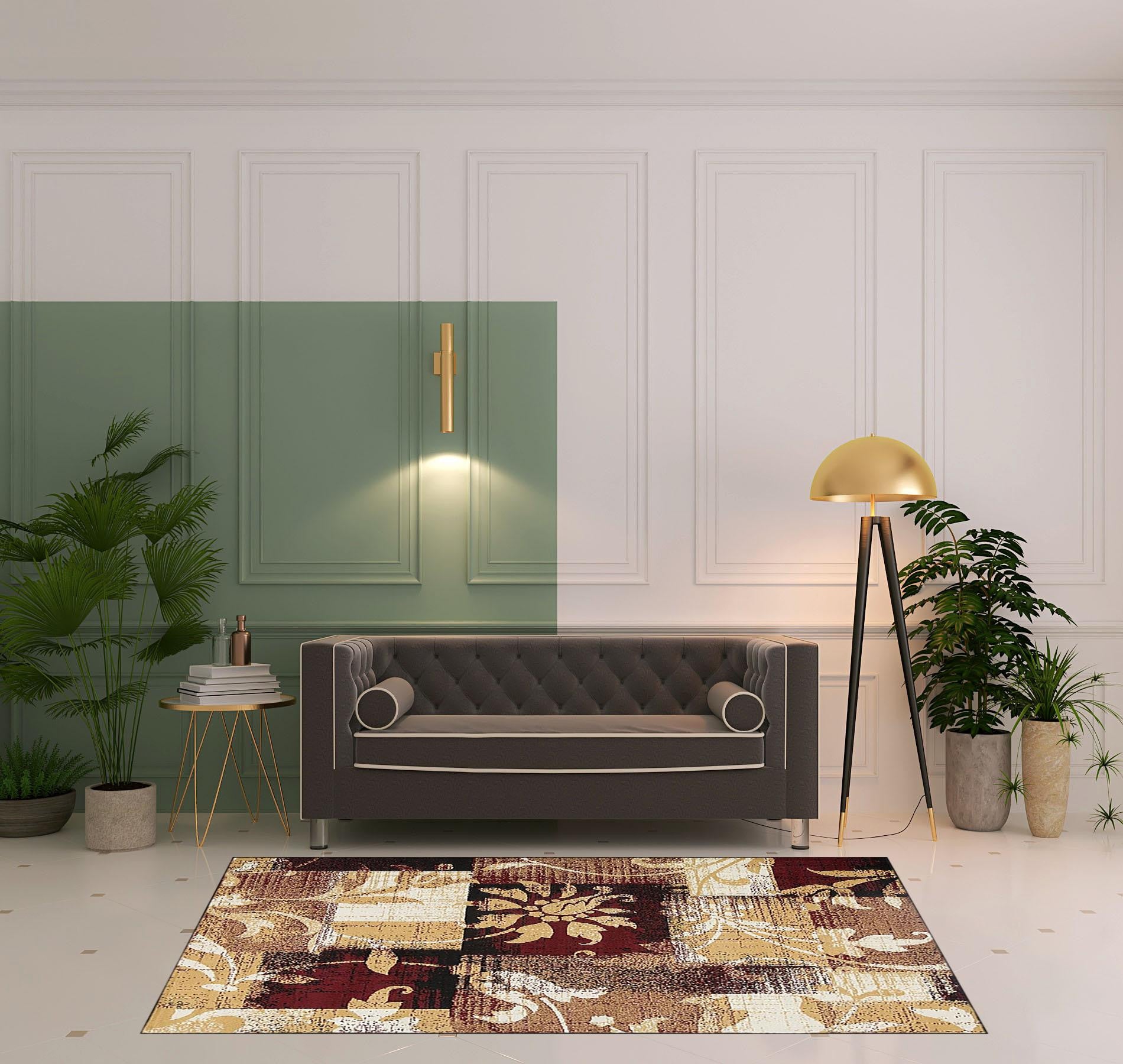 5' X 8' Burgundy And Beige Floral Power Loom Distressed Stain Resistant Area Rug