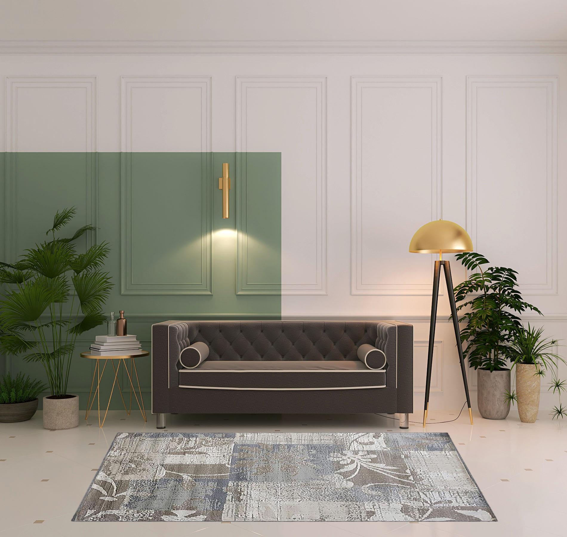 5' X 8' Brown And Ivory Floral Power Loom Distressed Stain Resistant Area Rug