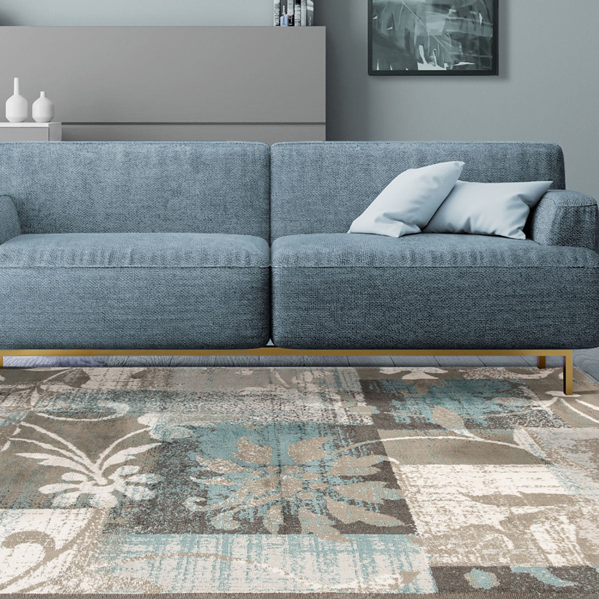 8' X 10' Teal Gray And Tan Floral Power Loom Distressed Stain Resistant Area Rug