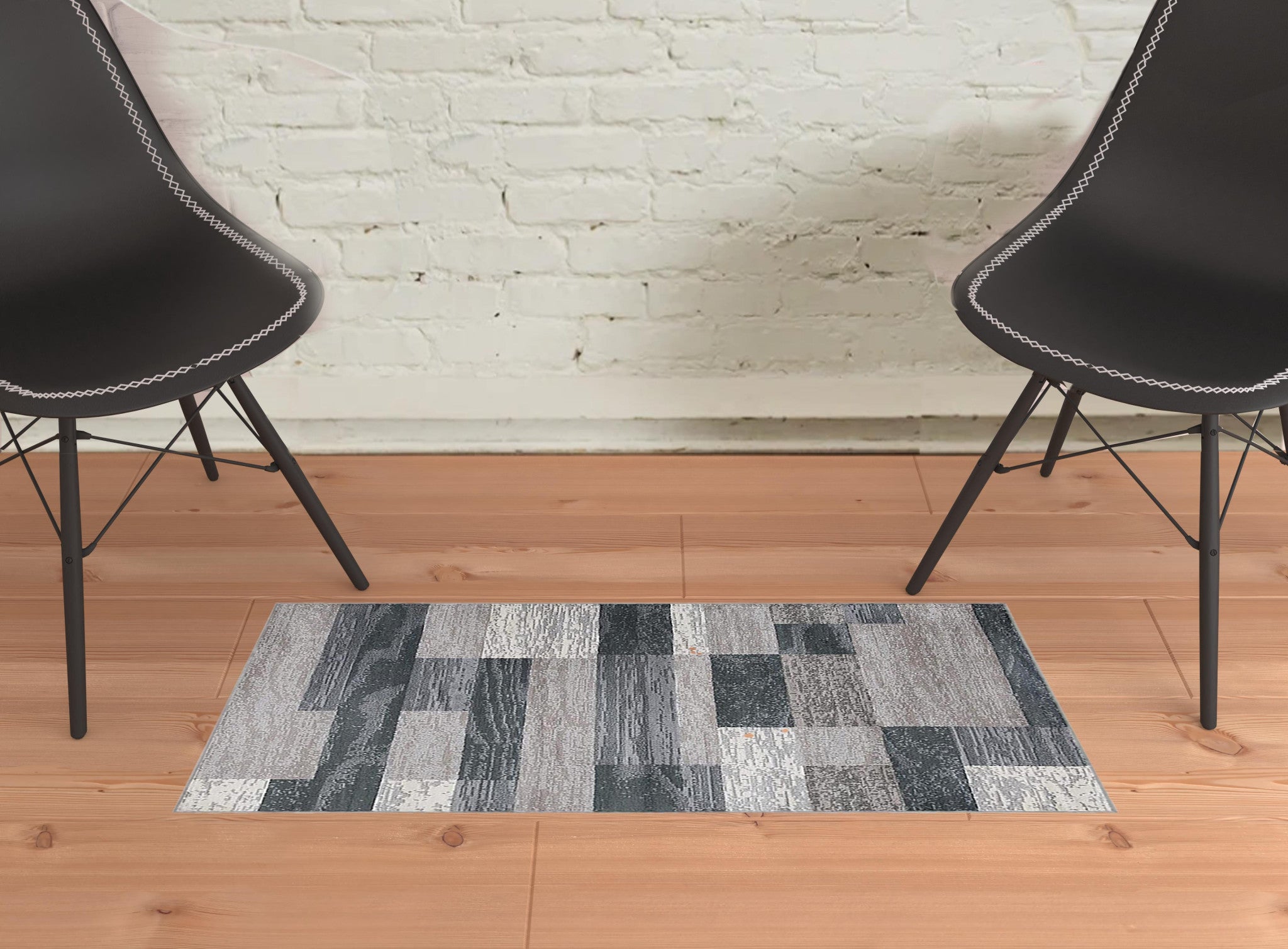 2' X 3' Blue And Taupe Patchwork Power Loom Stain Resistant Area Rug