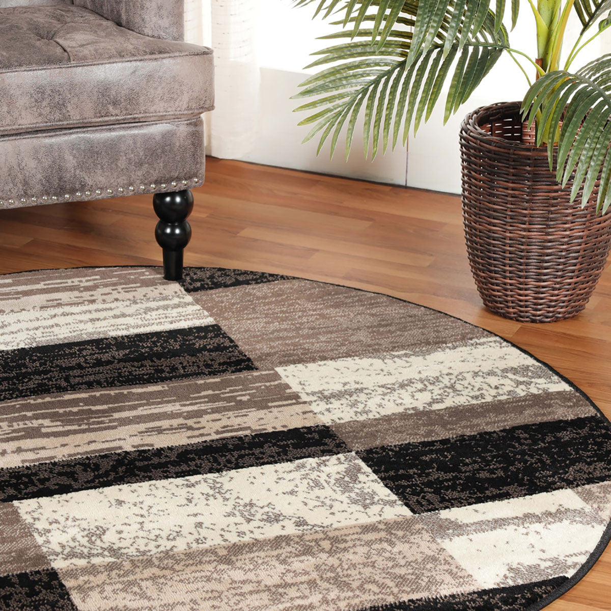 5' Round Chocolate Round Patchwork Power Loom Stain Resistant Area Rug