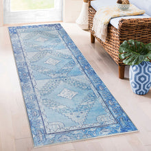 8' Shades Of Blue Geometric Power Loom Distressed Stain Resistant Non Skid Runner Rug