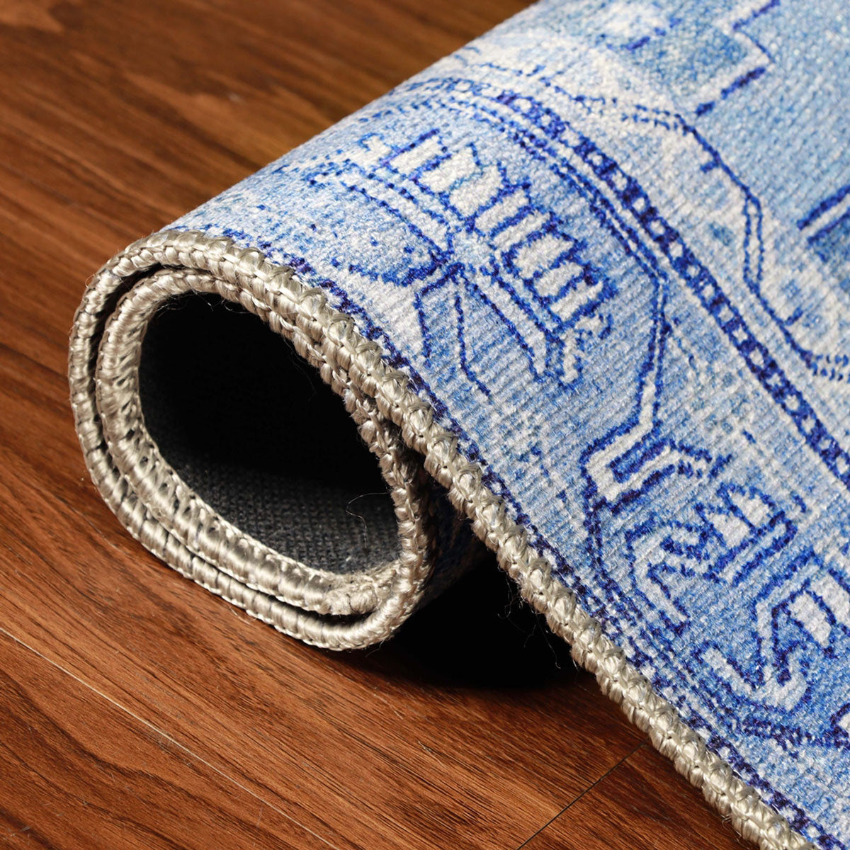 8' Shades Of Blue Geometric Power Loom Distressed Stain Resistant Non Skid Runner Rug