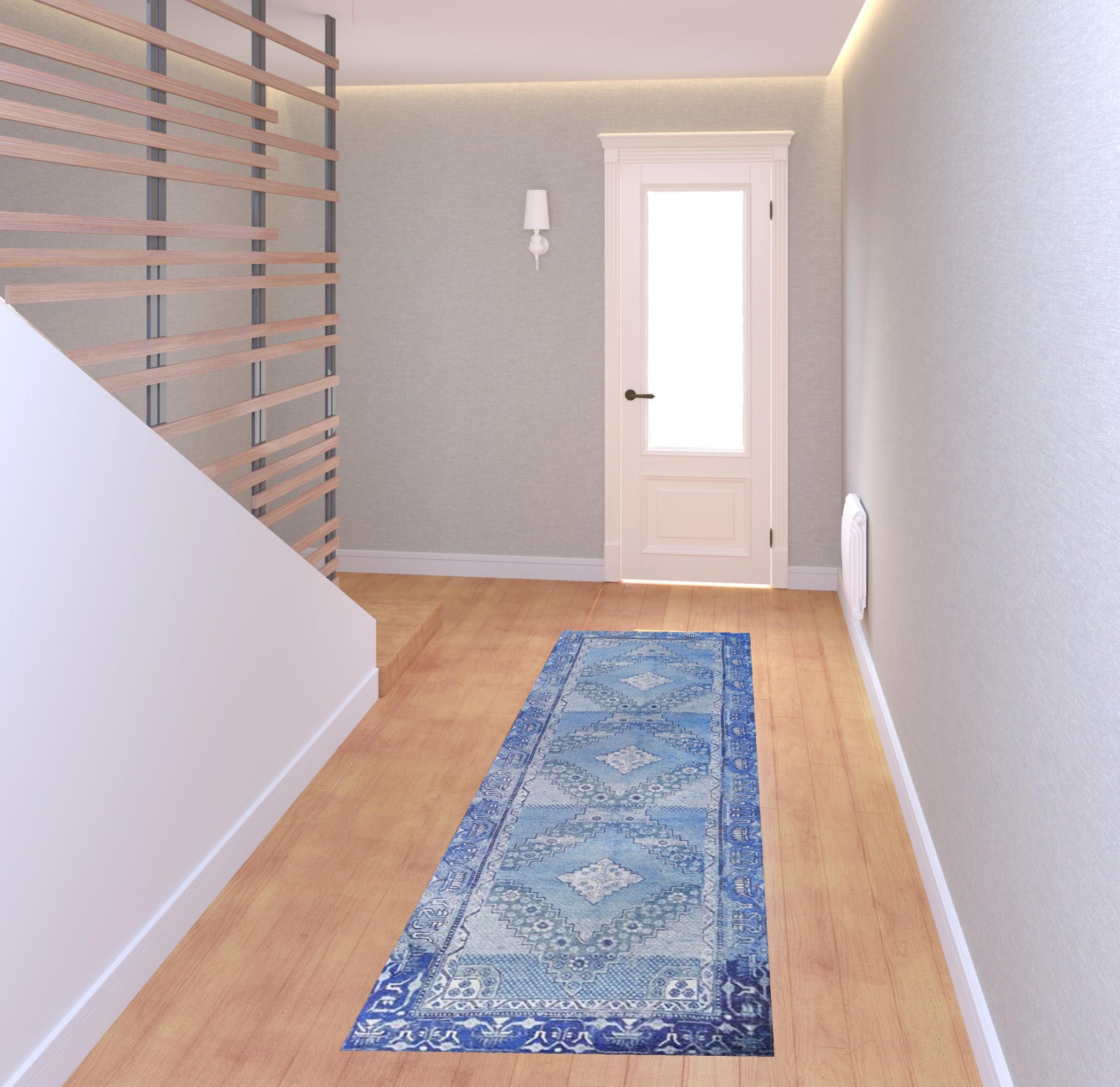 8' Shades Of Blue Geometric Power Loom Distressed Stain Resistant Non Skid Runner Rug