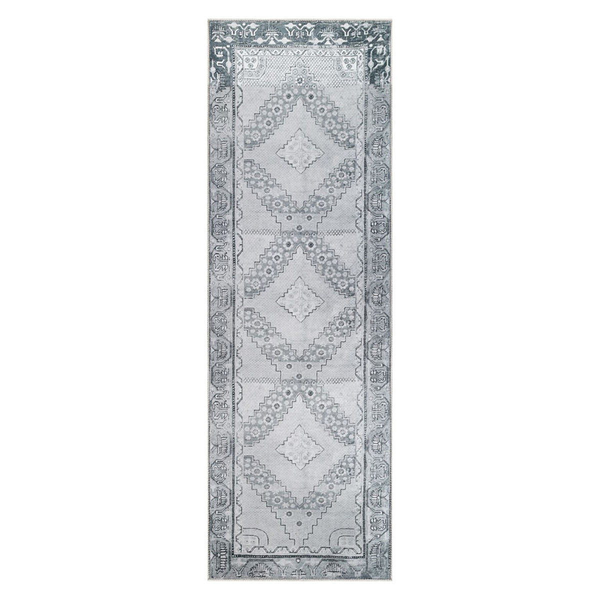 8' Light Gray Geometric Power Loom Distressed Stain Resistant Non Skid Runner Rug