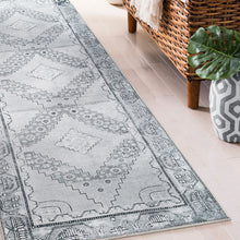 8' Light Gray Geometric Power Loom Distressed Stain Resistant Non Skid Runner Rug