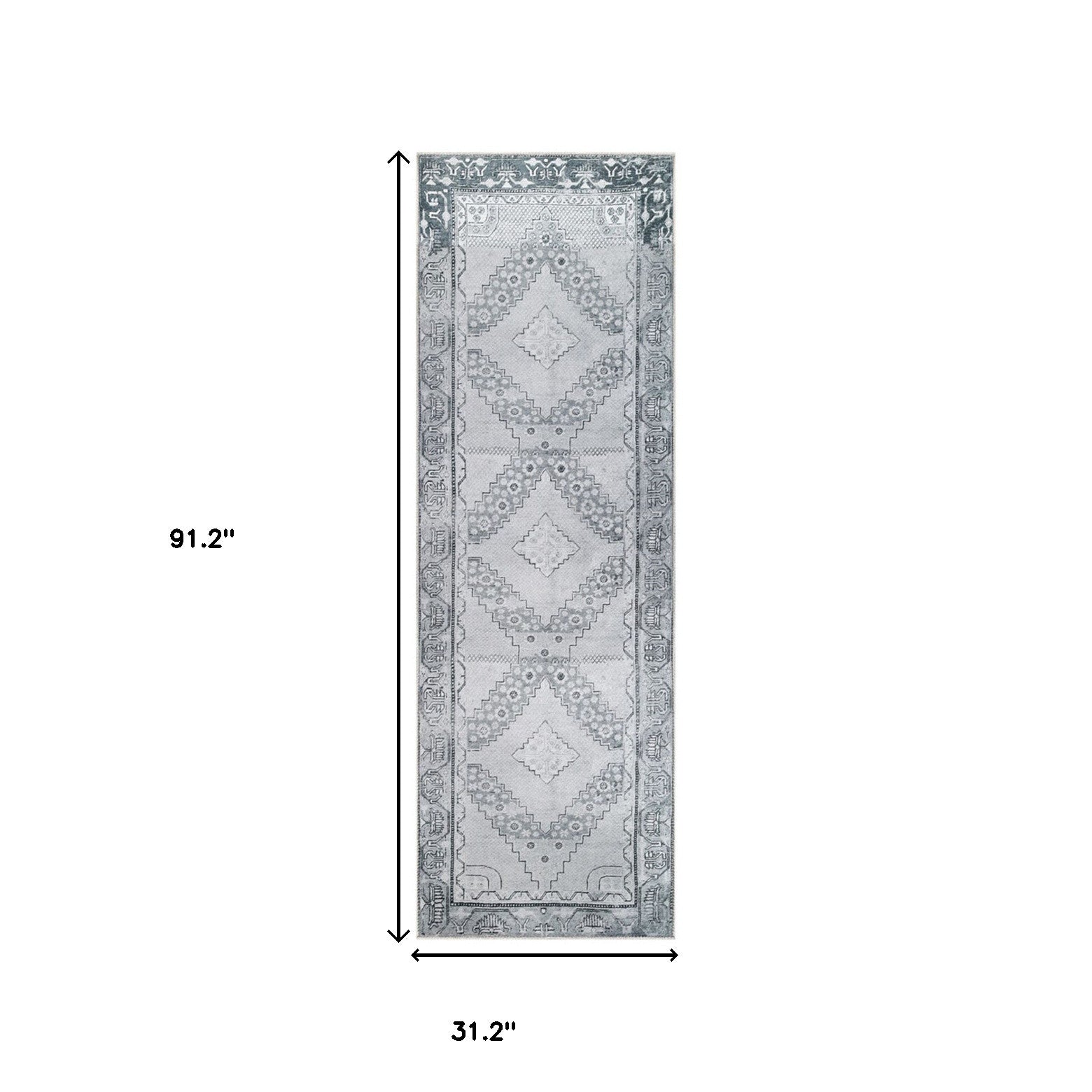 8' Light Gray Geometric Power Loom Distressed Stain Resistant Non Skid Runner Rug