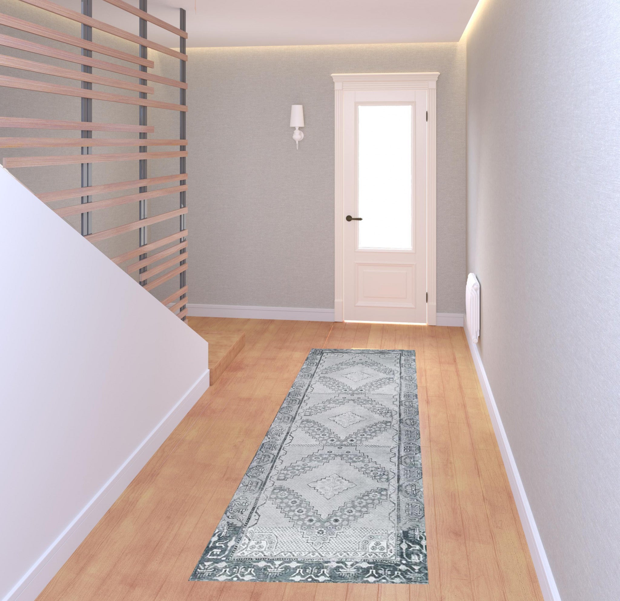 8' Light Gray Geometric Power Loom Distressed Stain Resistant Non Skid Runner Rug