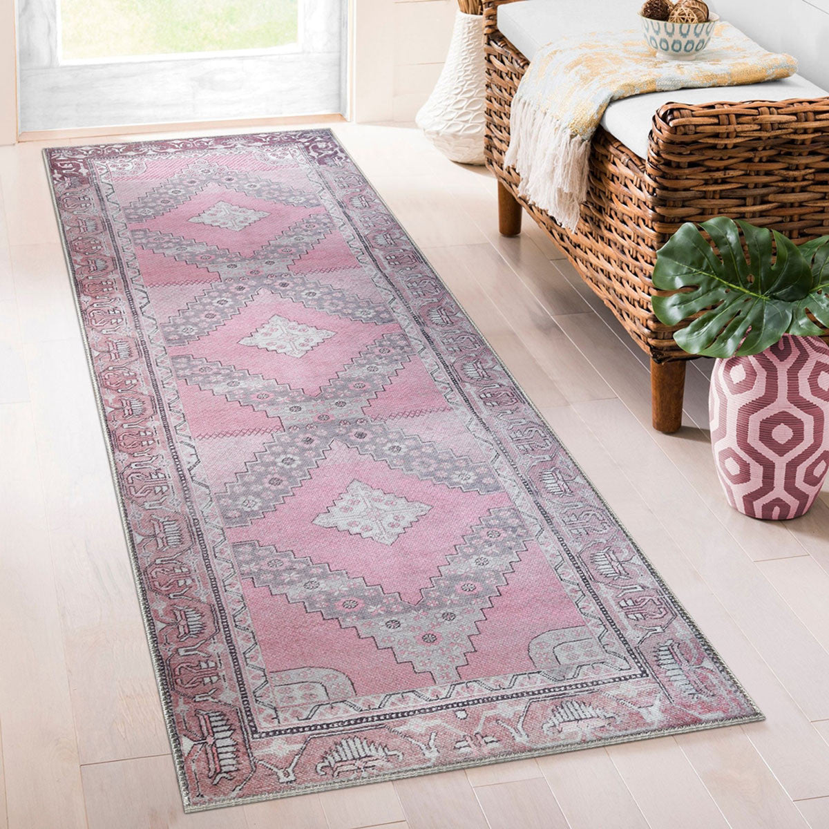 8' Pink Geometric Power Loom Distressed Stain Resistant Non Skid Runner Rug