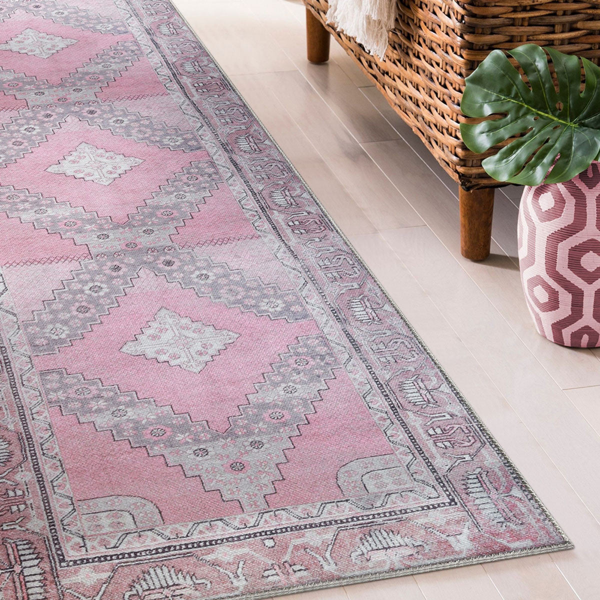 8' Pink Geometric Power Loom Distressed Stain Resistant Non Skid Runner Rug
