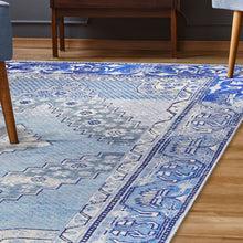 5' X 8' Shades Of Blue Geometric Power Loom Distressed Stain Resistant Non Skid Area Rug
