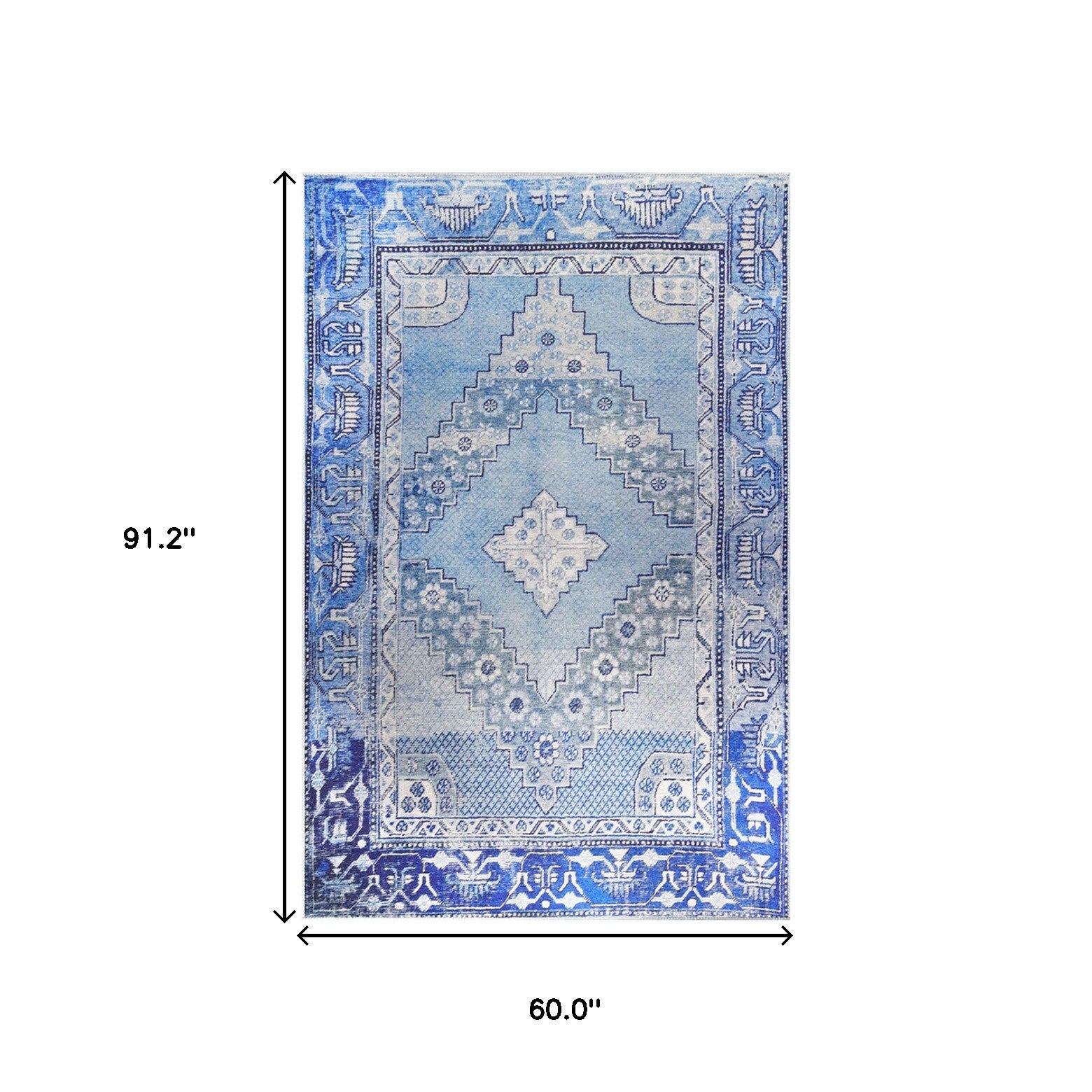 5' X 8' Shades Of Blue Geometric Power Loom Distressed Stain Resistant Non Skid Area Rug