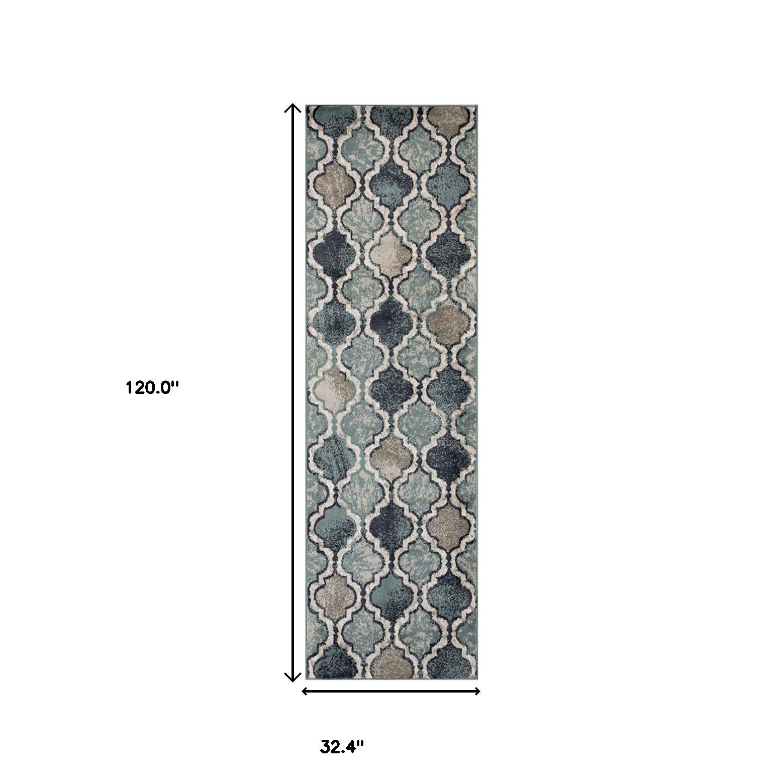 Deep Royal Quatrefoil Power Loom Distressed Stain Resistant Runner Rug 10'