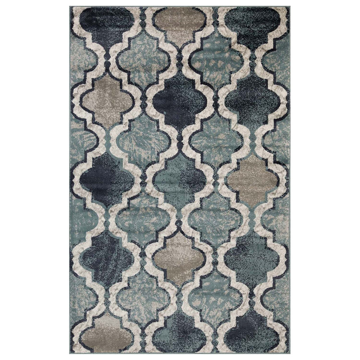 5' X 8' Deep Royal Quatrefoil Power Loom Distressed Stain Resistant Area Rug