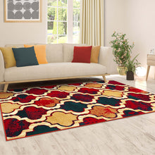 5' X 8' Red Blue Quatrefoil Power Loom Distressed Stain Resistant Area Rug