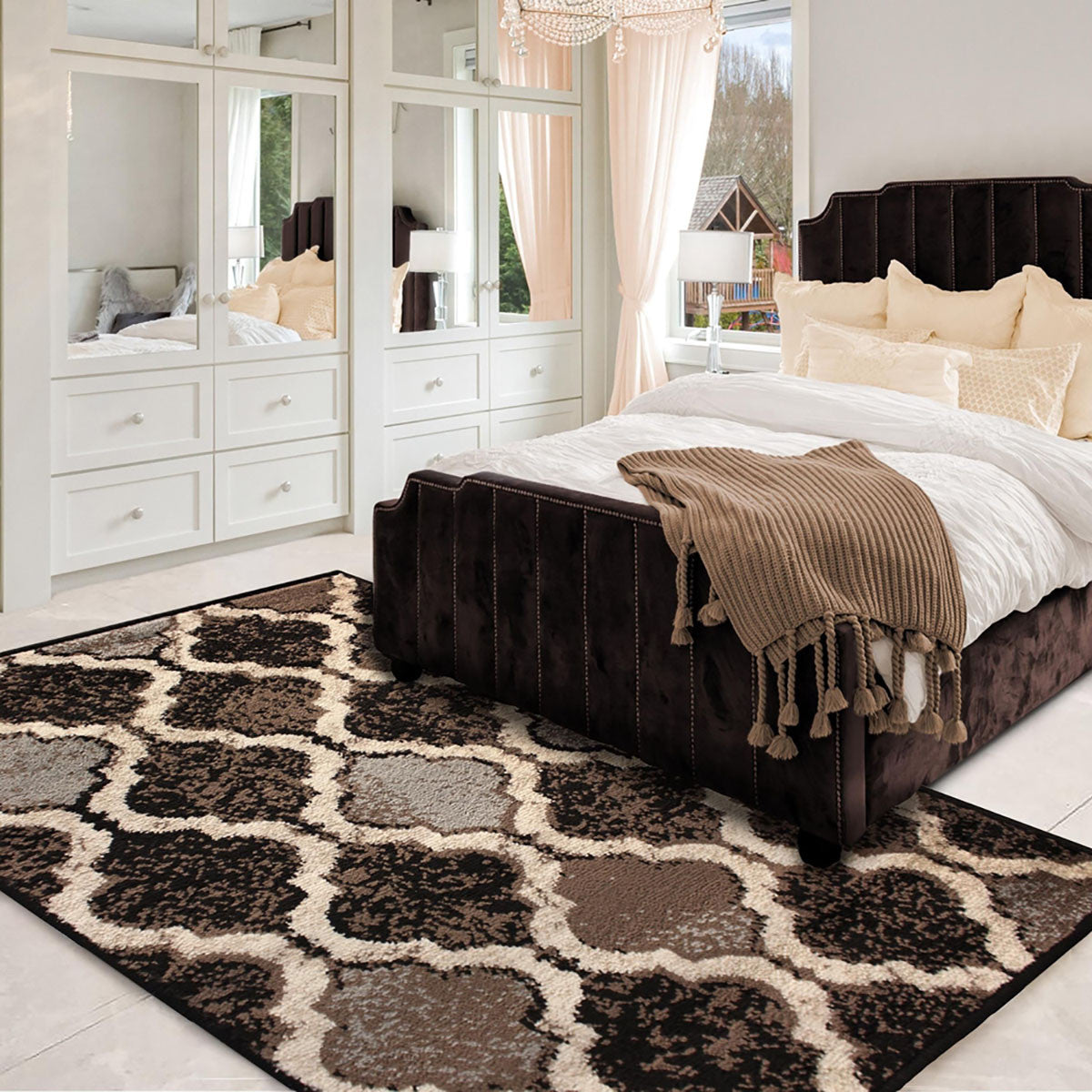 7' X 9' Chocolate Quatrefoil Power Loom Distressed Stain Resistant Area Rug