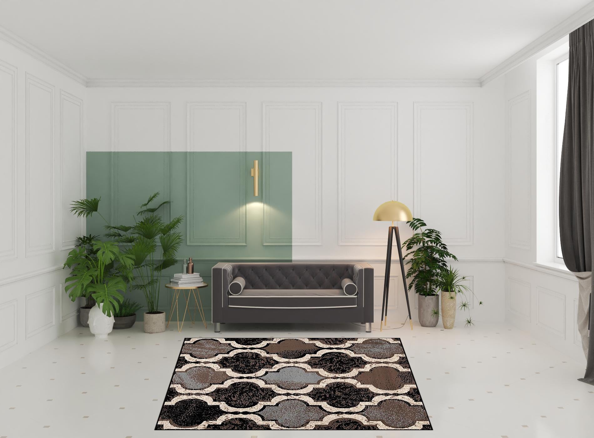 8' Square Chocolate Square Quatrefoil Power Loom Distressed Stain Resistant Area Rug