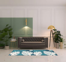 8' Runner Blue Green Cream Geometric Stain Resistant Indoor Outdoor Runner Rug