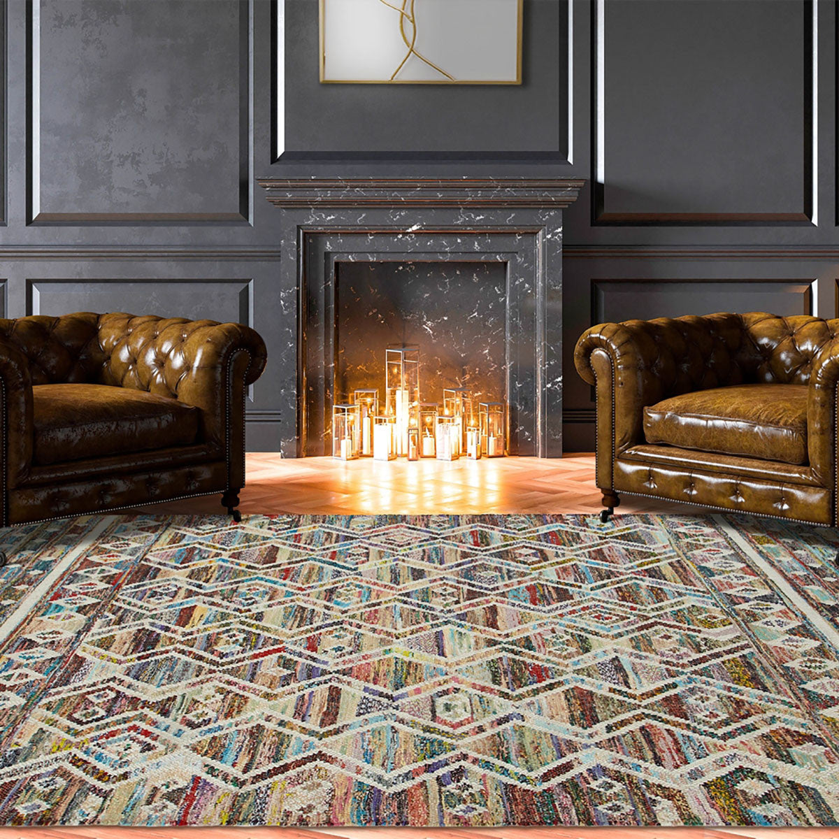 5' X 8' Ivory Blue Pink Gold And Green Geometric Hand Woven Area Rug With Fringe