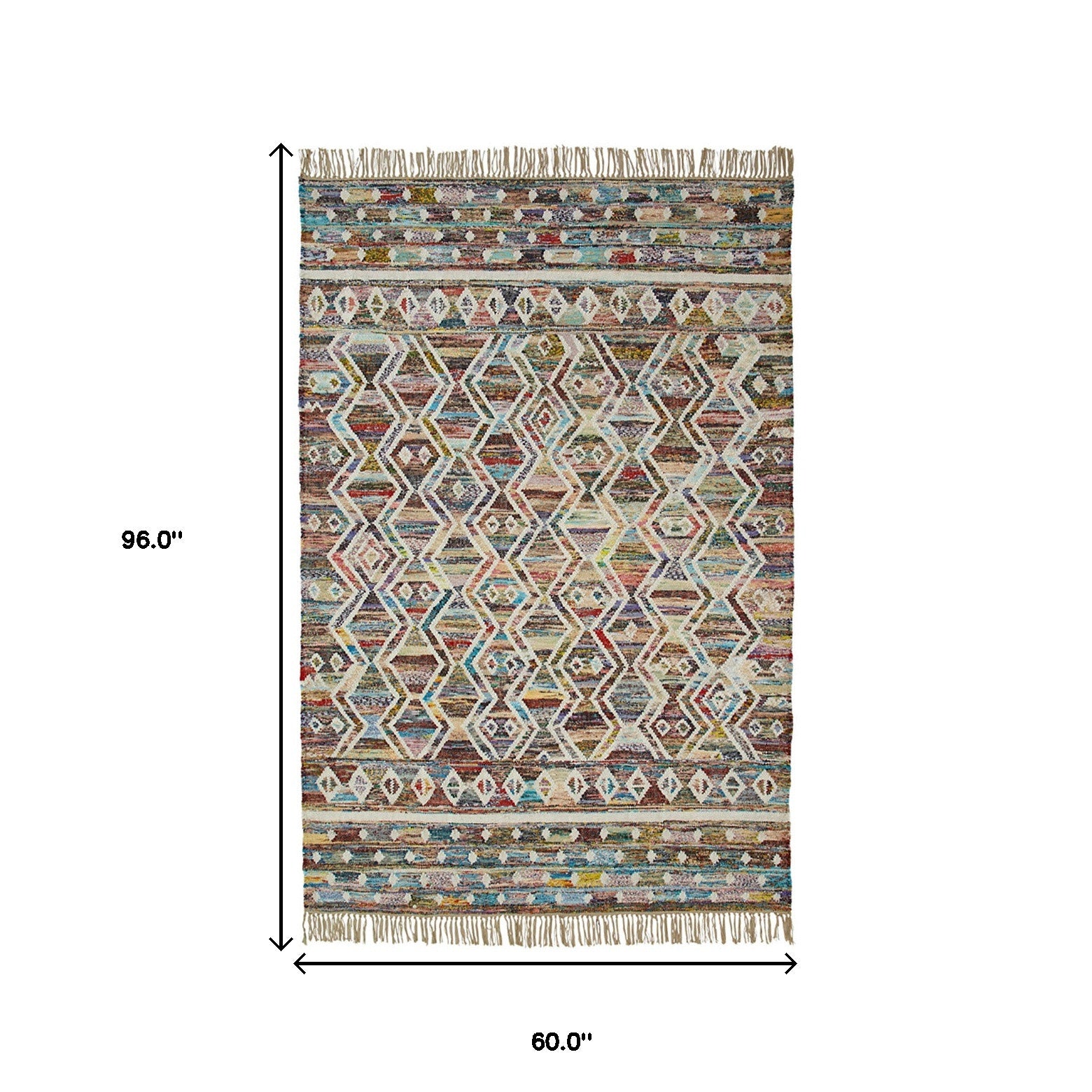 5' X 8' Ivory Blue Pink Gold And Green Geometric Hand Woven Area Rug With Fringe