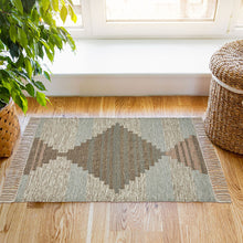 2' X 3' Light Blue Geometric Flatweave Handmade Stain Resistant Area Rug With Fringe