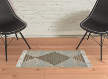 2' X 3' Light Blue Geometric Flatweave Handmade Stain Resistant Area Rug With Fringe