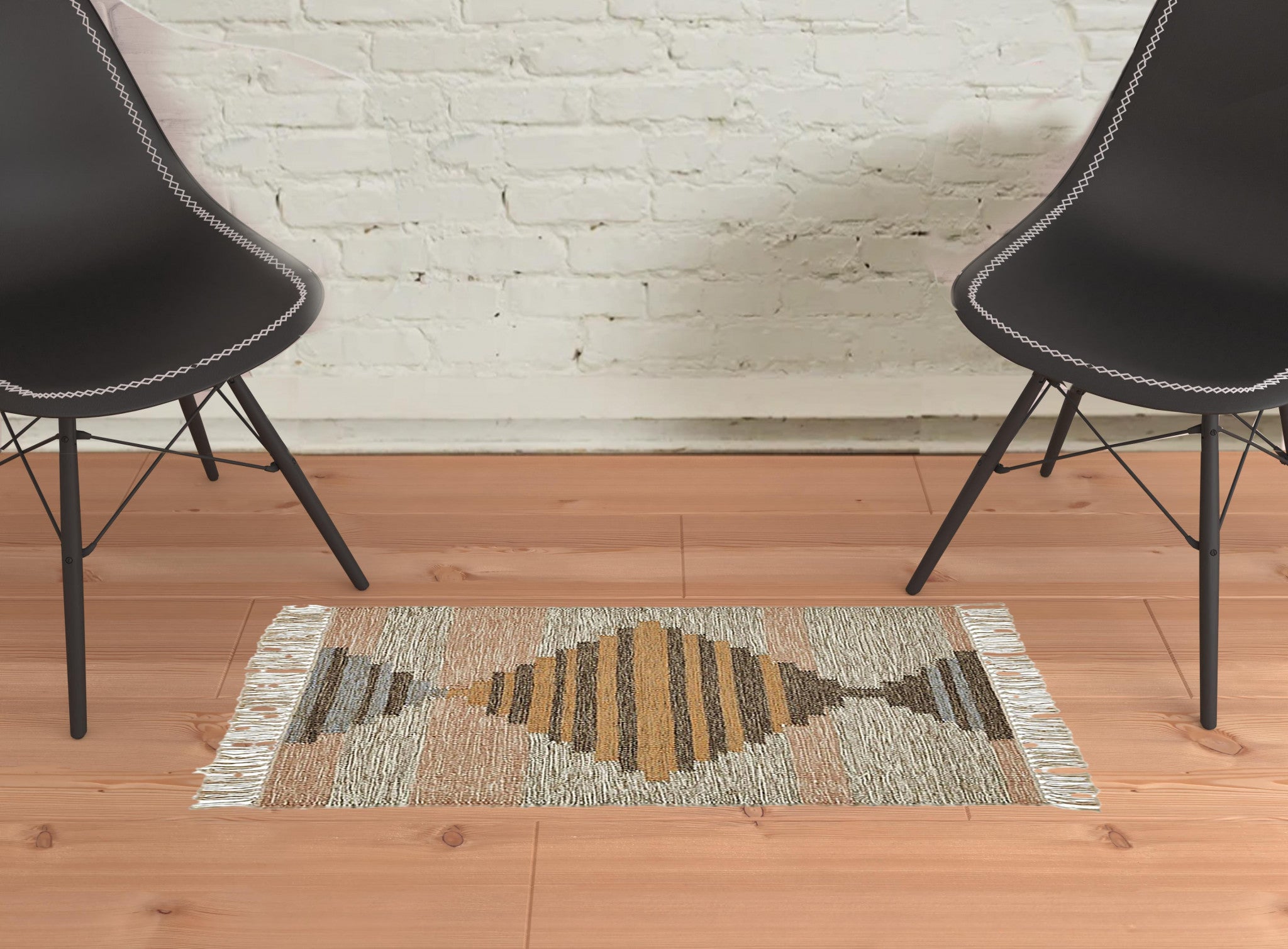 2' X 3' Vanilla Cream Geometric Flatweave Handmade Stain Resistant Area Rug With Fringe