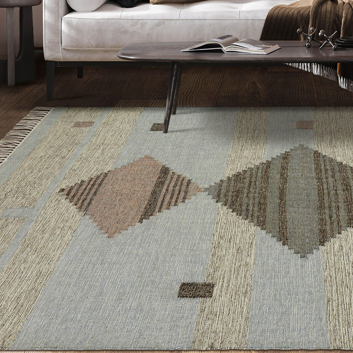 5' X 8' Light Blue Geometric Flatweave Handmade Stain Resistant Area Rug With Fringe
