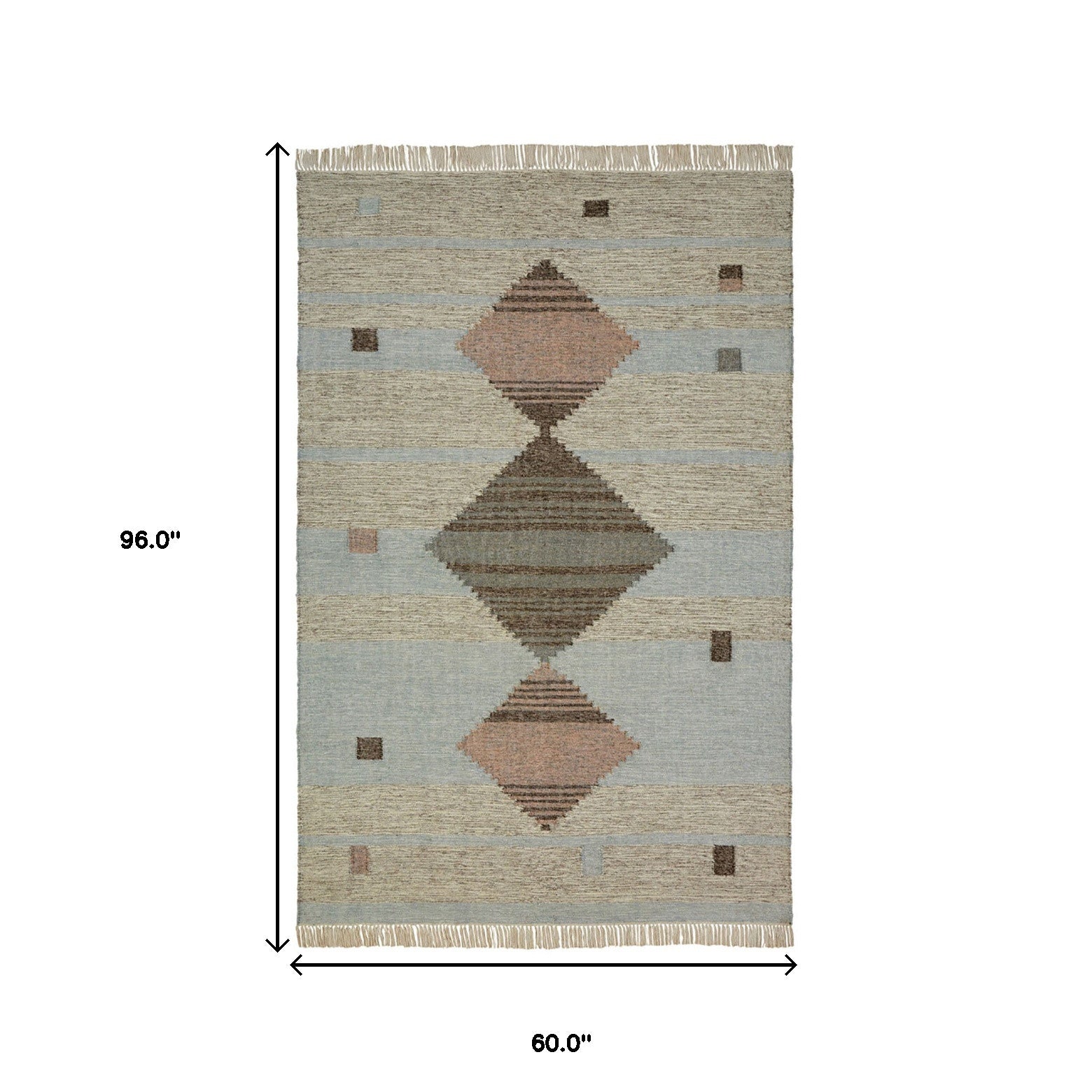 5' X 8' Light Blue Geometric Flatweave Handmade Stain Resistant Area Rug With Fringe