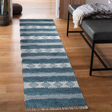 10' Blue And Ivory Wool Striped Flatweave Handmade Stain Resistant Runner Rug With Fringe
