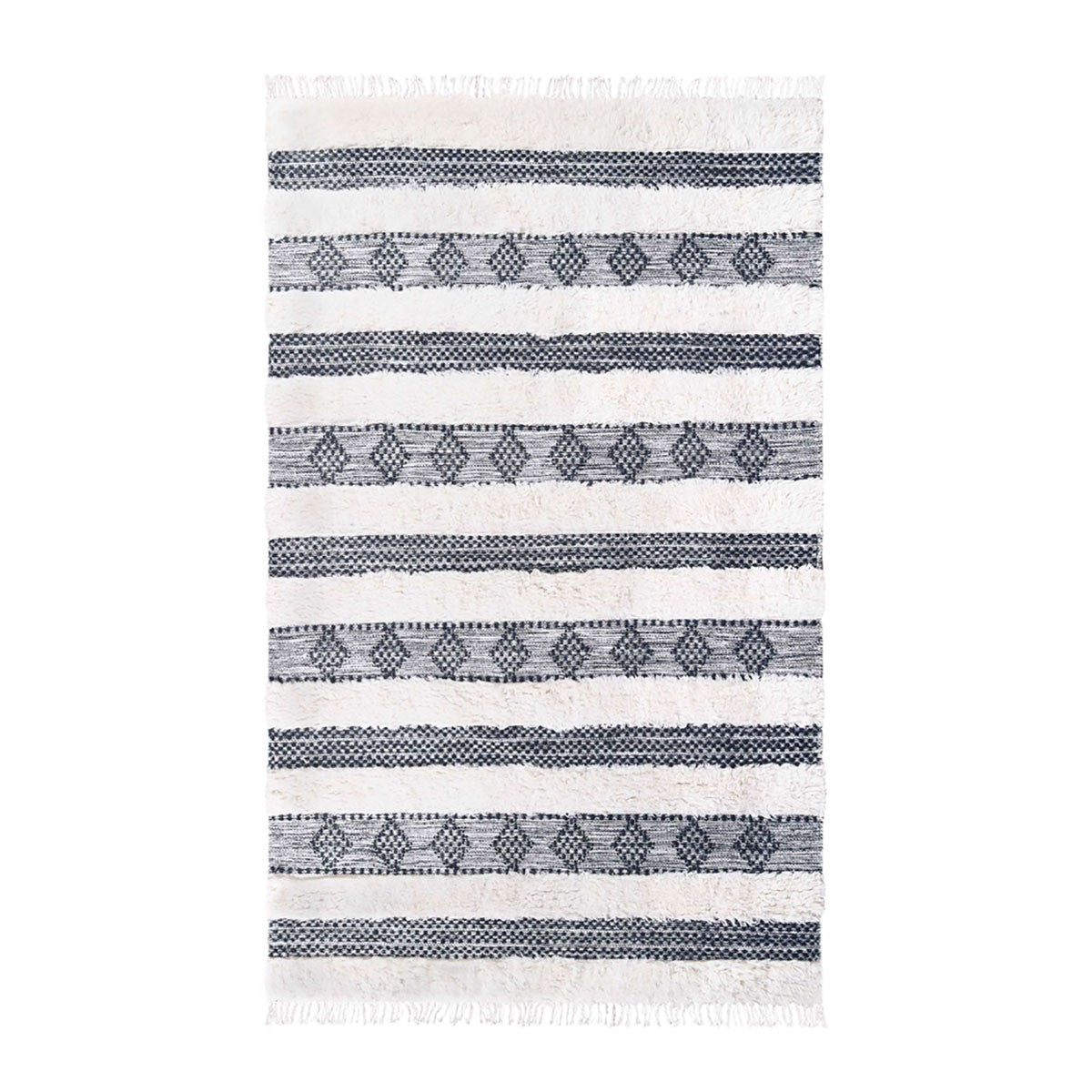 4' X 6' Black And Ivory Wool Striped Flatweave Handmade Stain Resistant Area Rug With Fringe