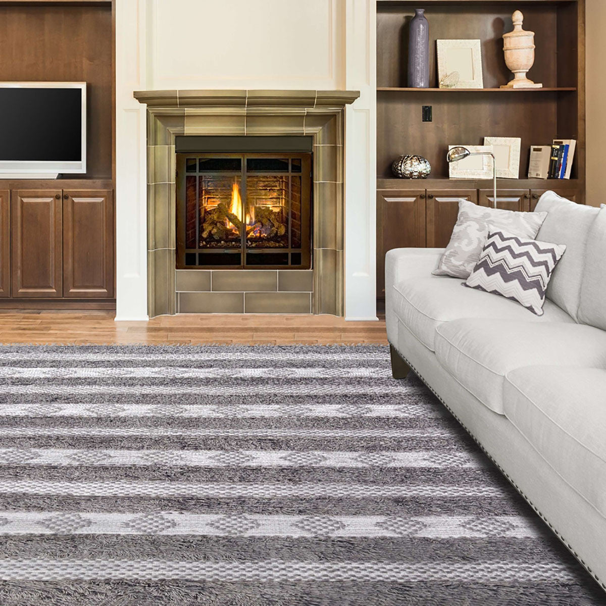 5' X 8' Grey And Silver Wool Striped Flatweave Handmade Stain Resistant Area Rug With Fringe