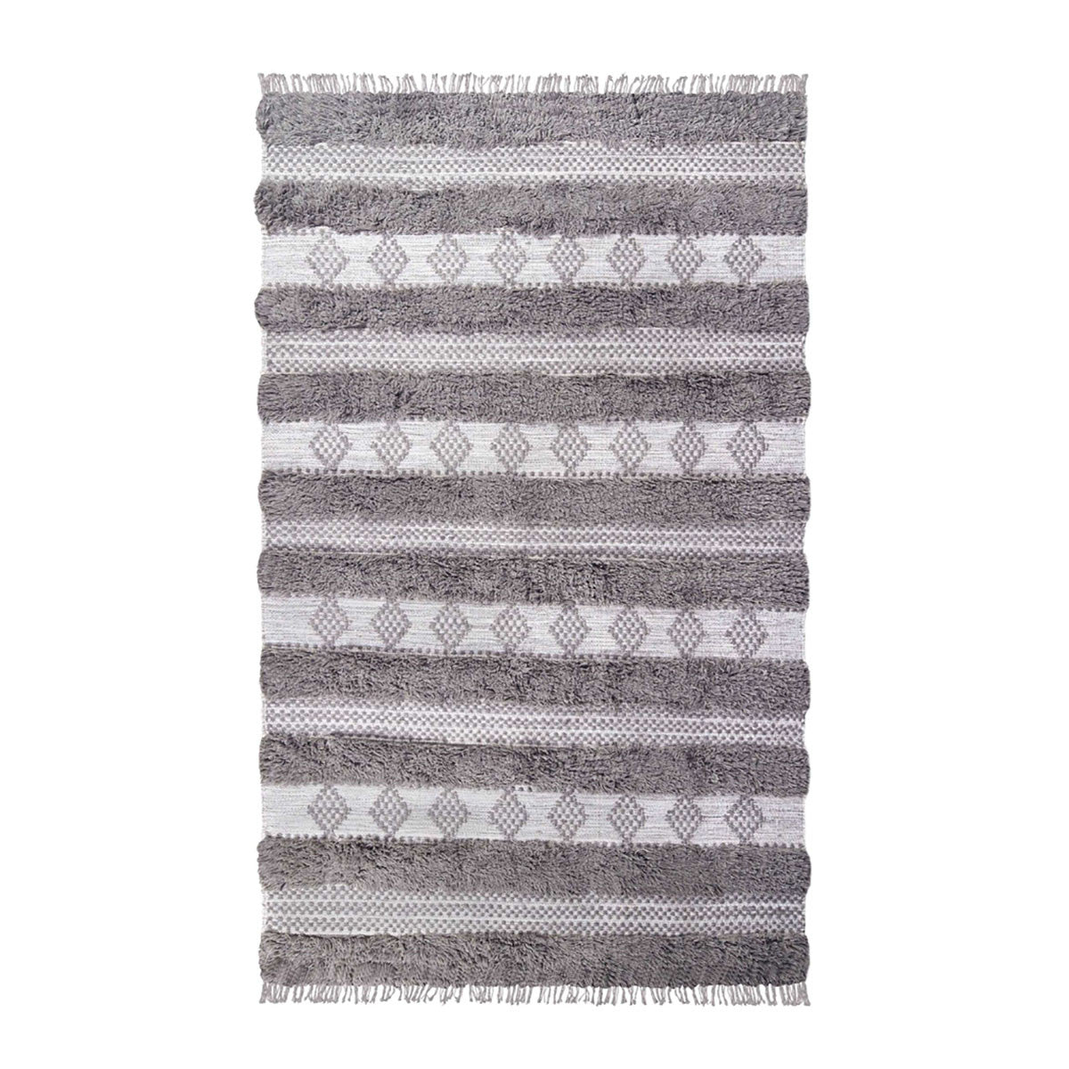 8' X 10' Grey And Silver Wool Striped Flatweave Handmade Stain Resistant Area Rug With Fringe
