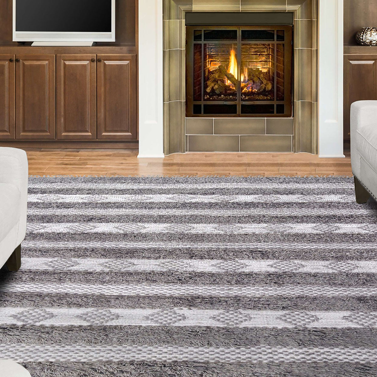 8' X 10' Grey And Silver Wool Striped Flatweave Handmade Stain Resistant Area Rug With Fringe