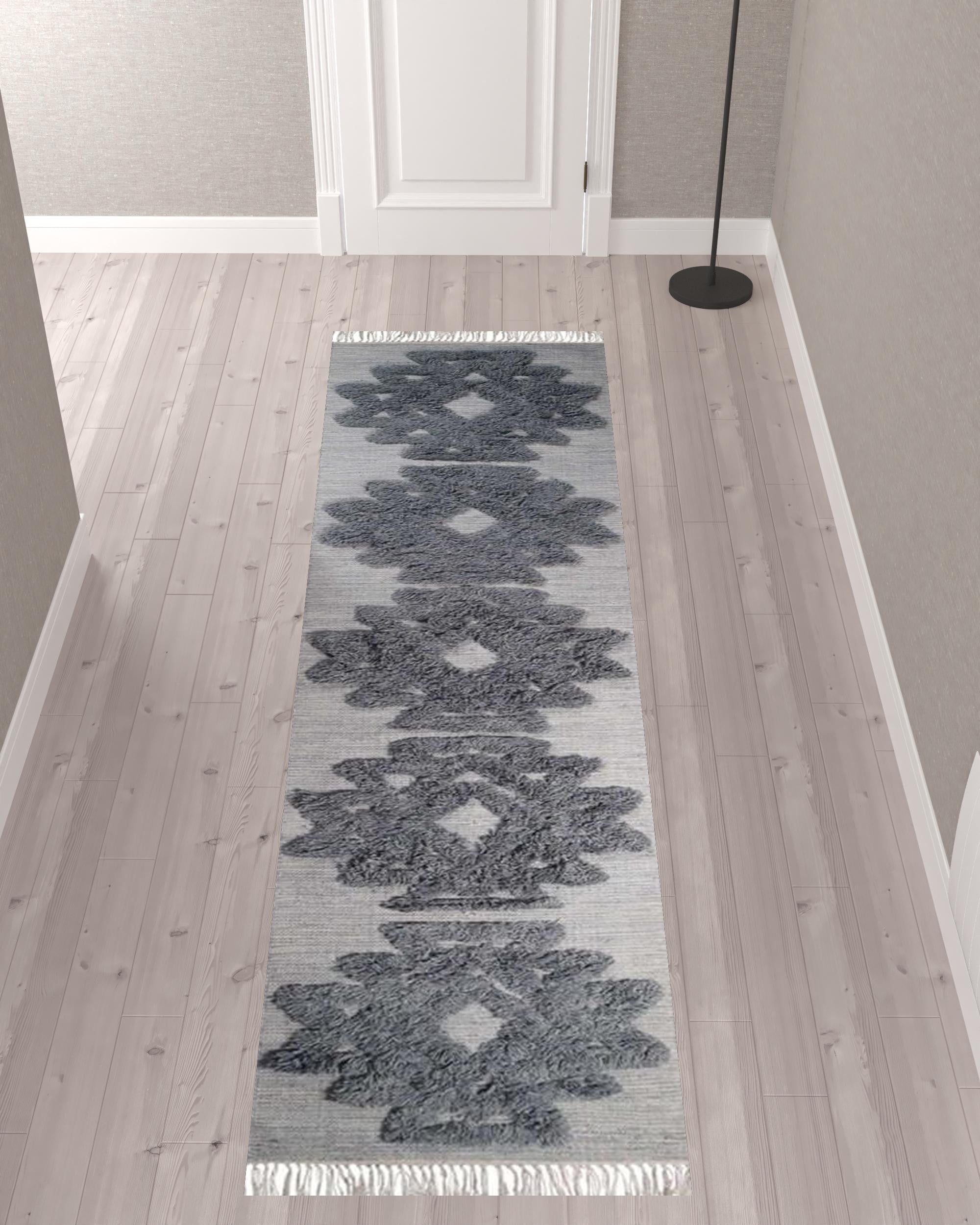 10' Silver And Grey Wool Geometric Flatweave Handmade Stain Resistant Runner Rug With Fringe
