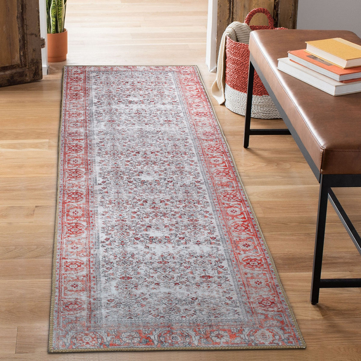 8' Berry Red Oriental Power Loom Stain Resistant Runner Rug