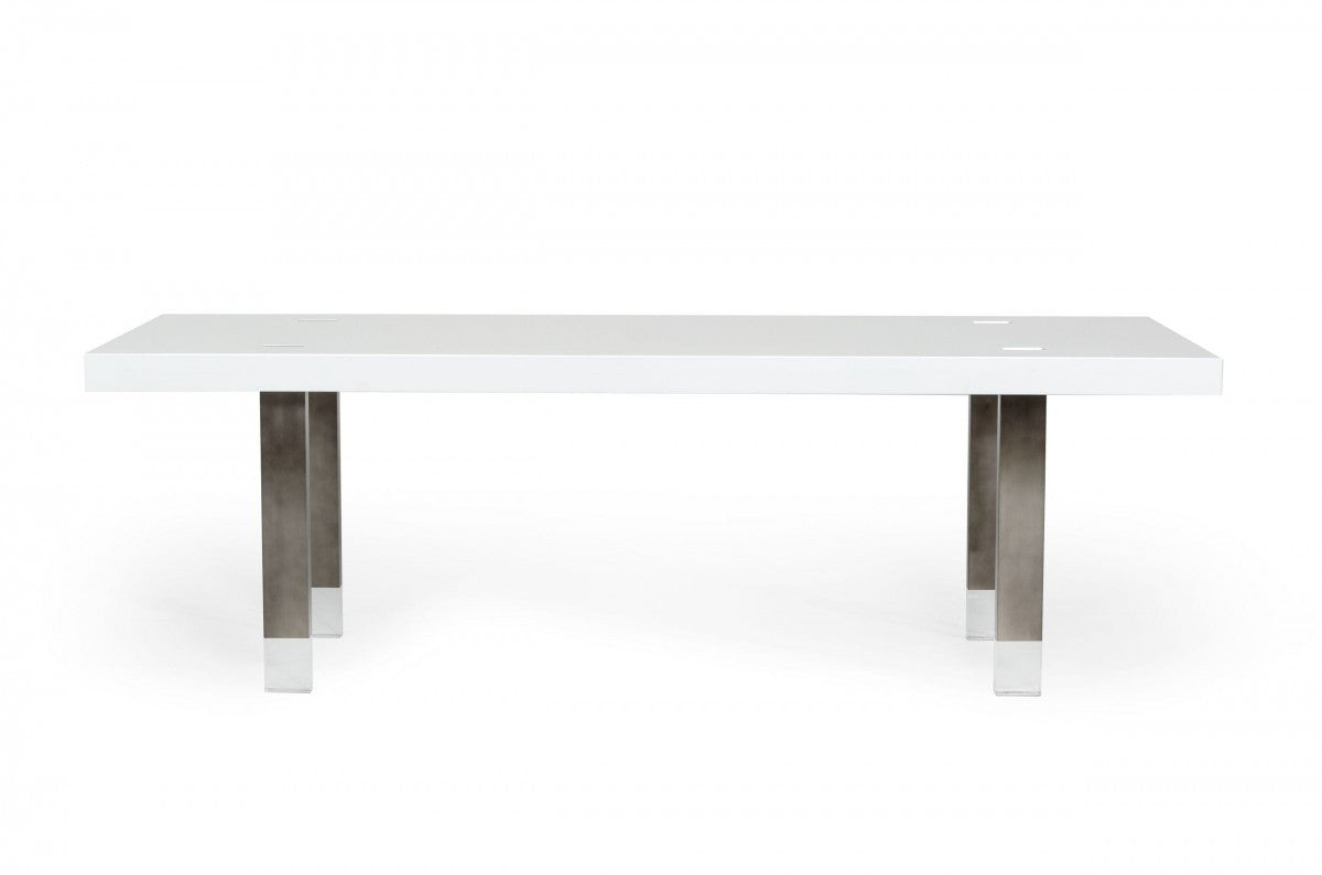 White And Gun Metal Rectangular Manufactured Wood And Stainless Steel Dining Table 95"