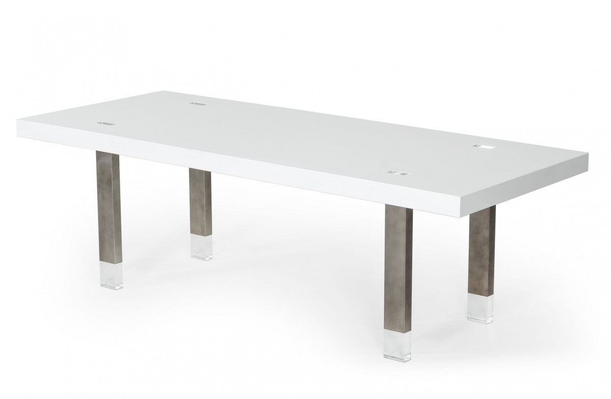 White And Gun Metal Rectangular Manufactured Wood And Stainless Steel Dining Table 95"