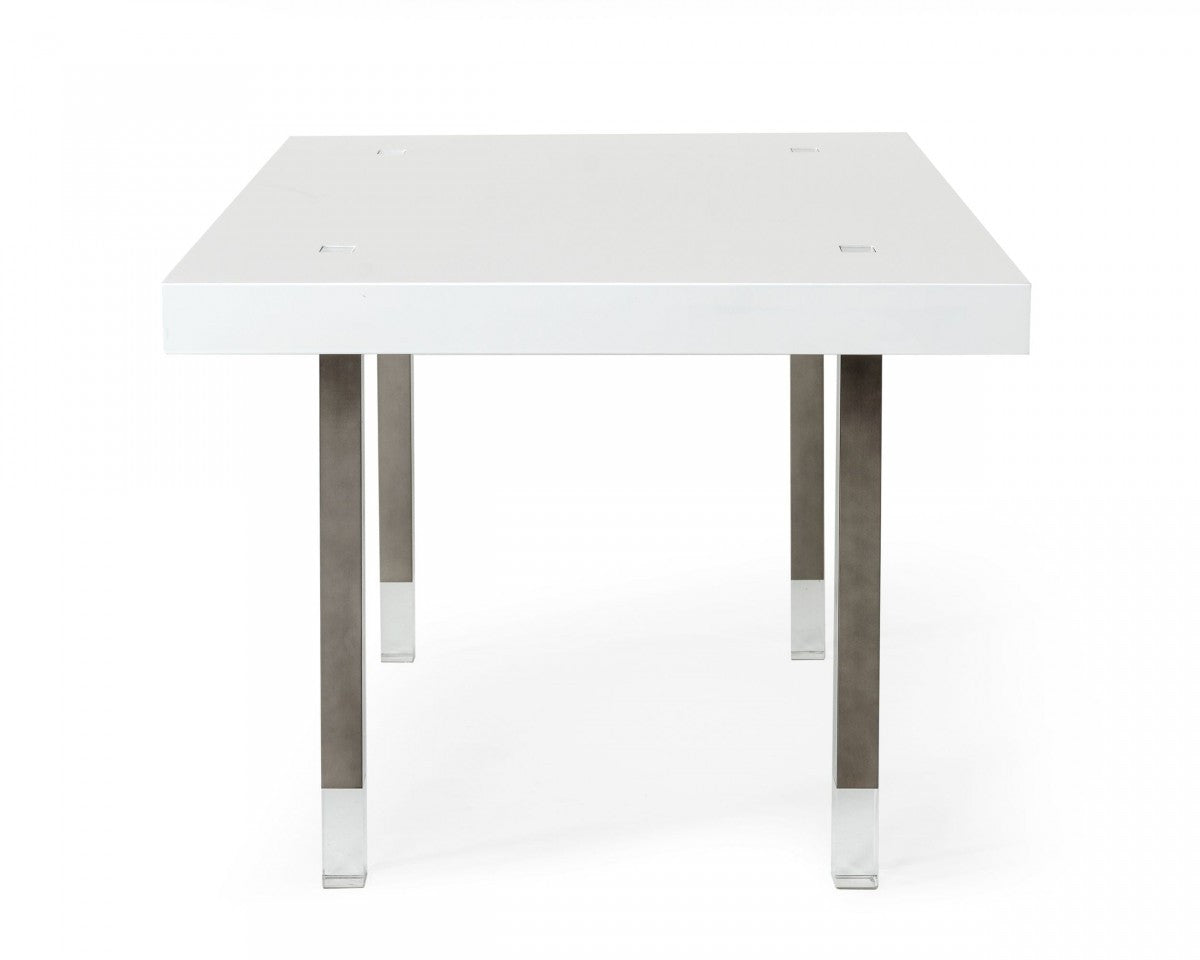 White And Gun Metal Rectangular Manufactured Wood And Stainless Steel Dining Table 95"