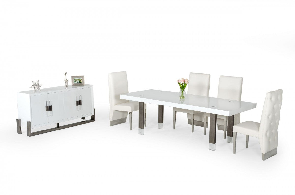 White And Gun Metal Rectangular Manufactured Wood And Stainless Steel Dining Table 95"