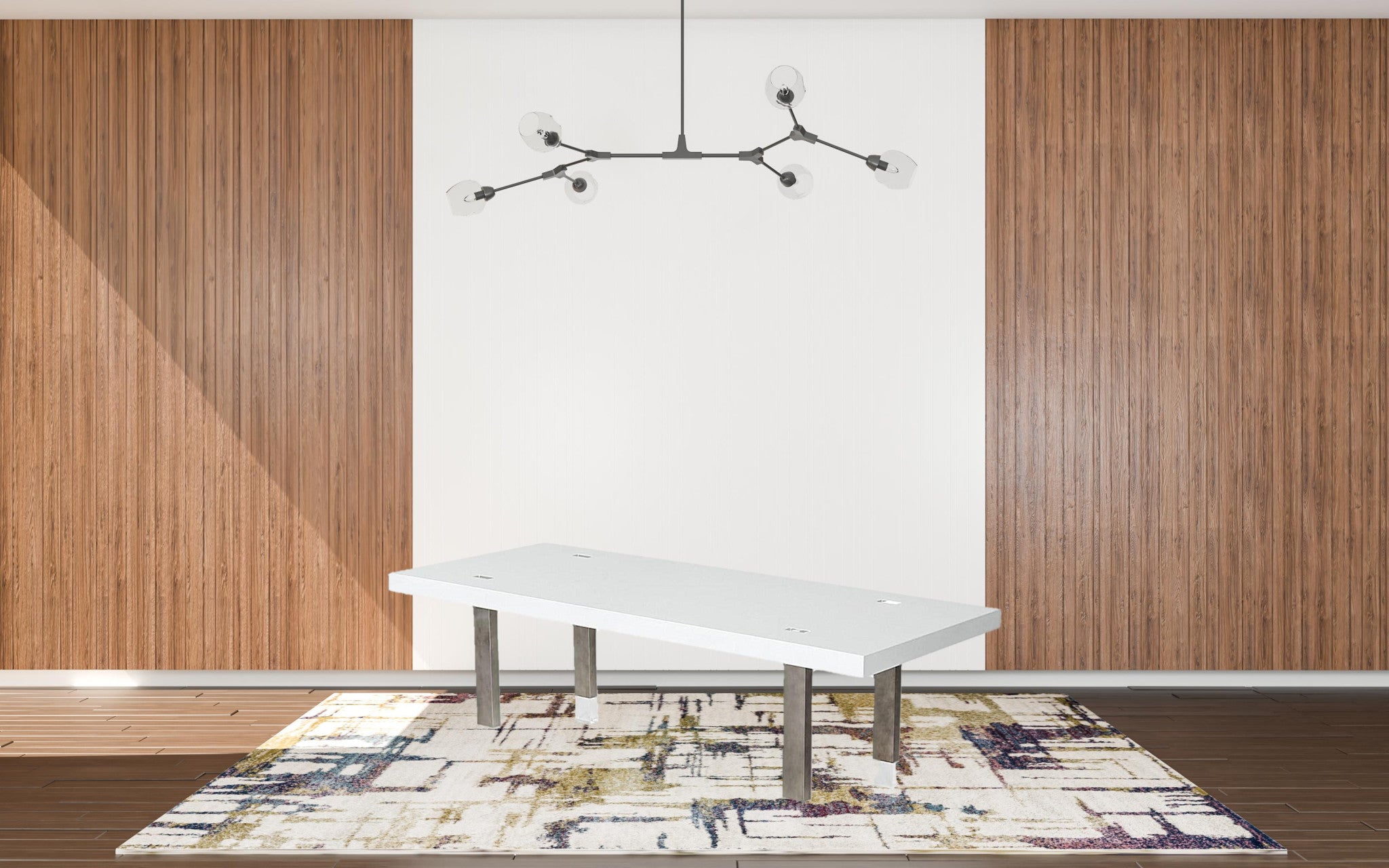 White And Gun Metal Rectangular Manufactured Wood And Stainless Steel Dining Table 95"