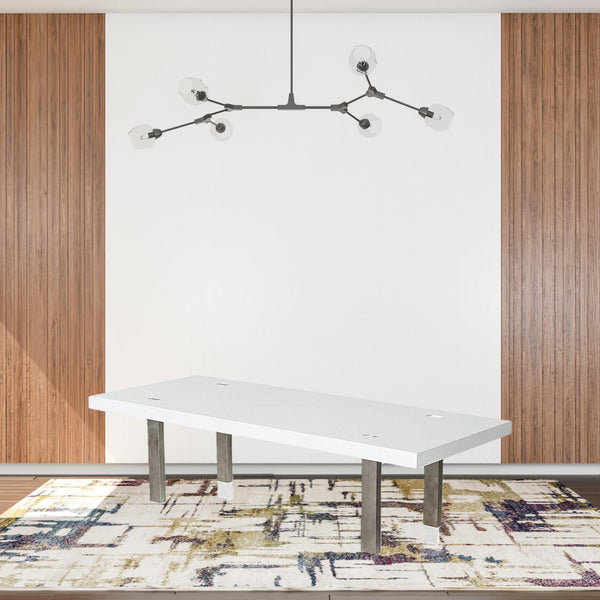 White And Gun Metal Rectangular Manufactured Wood And Stainless Steel Dining Table 95"