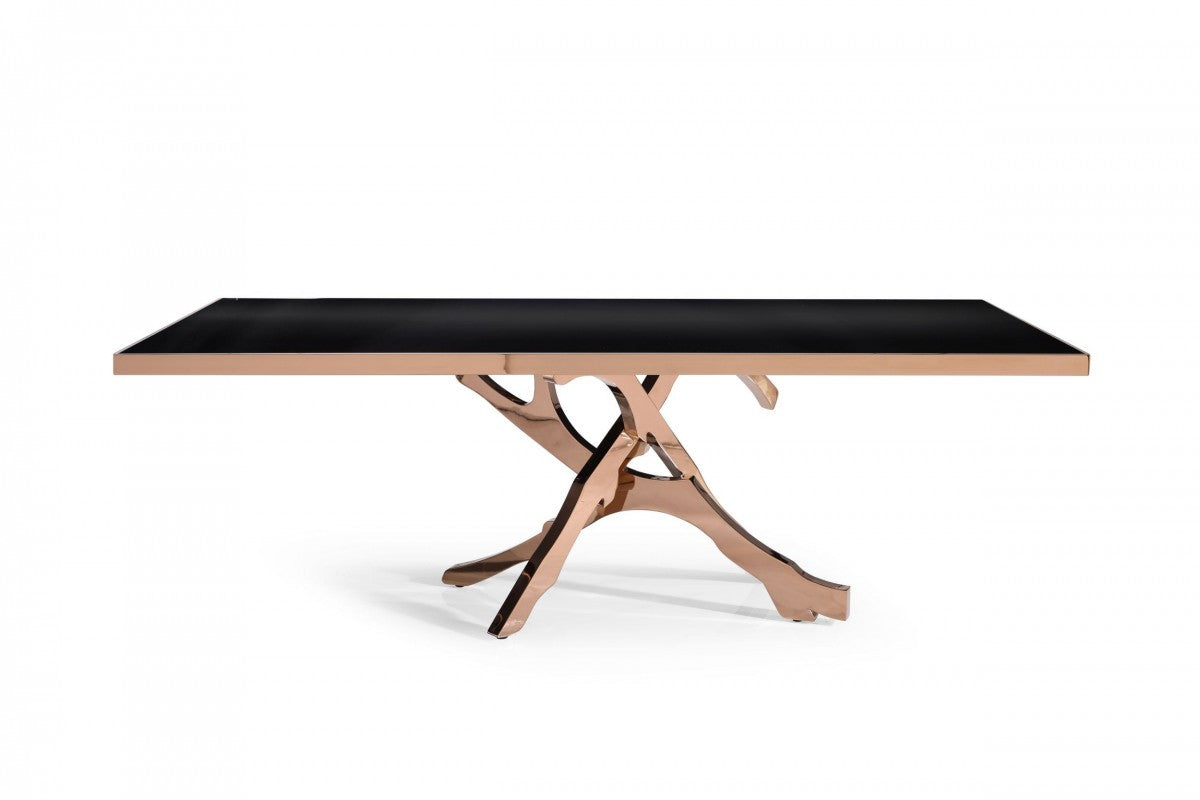 87" Black Glass And RoseGold Abstract Pedestal Base Dining Table