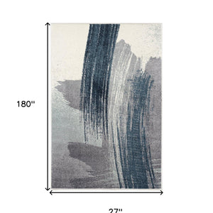 2' X 15' White And Blue Abstract Power Loom Stain Resistant Area Rug