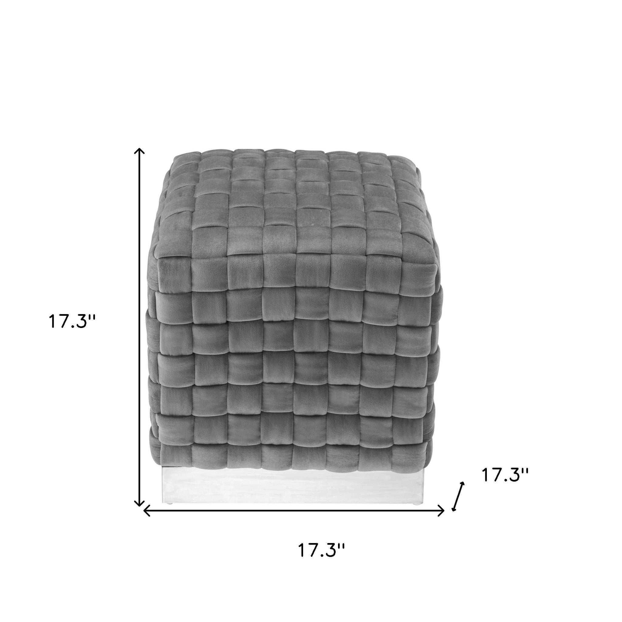 17" Grey Woven Velvet And Silver Ottoman