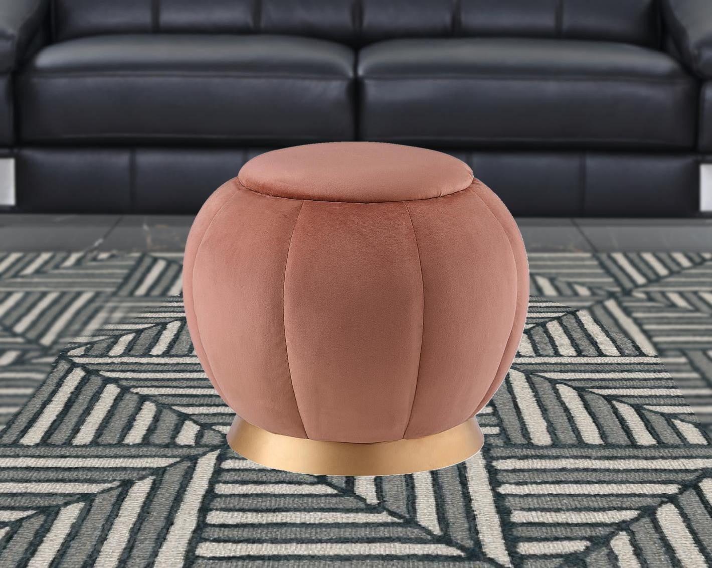 20" Blush Velvet And Gold Round Bloom Ottoman